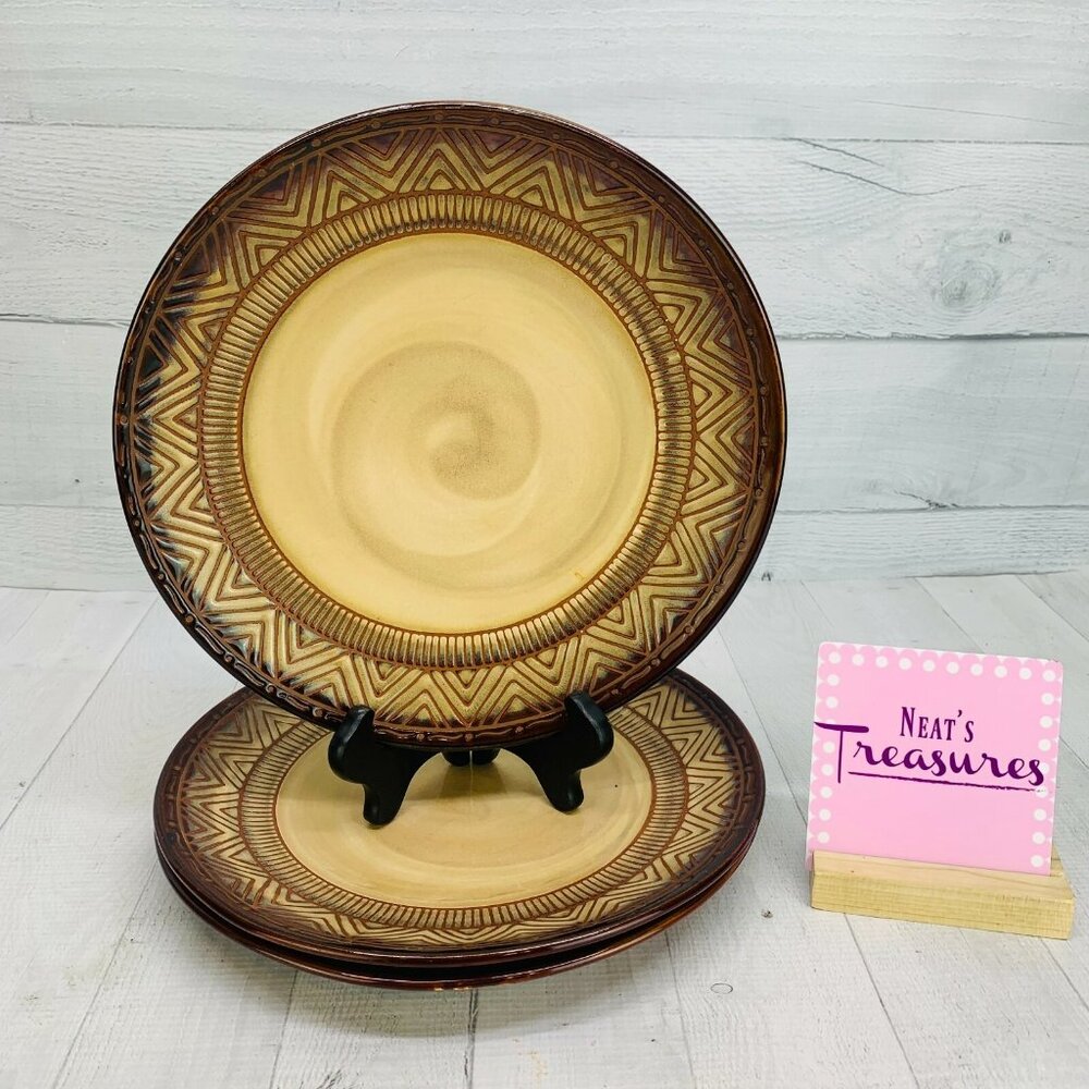 Noble Excellence NATIVE HABITAT Brown Tan Stoneware Geometric Dinner Plate Set 3